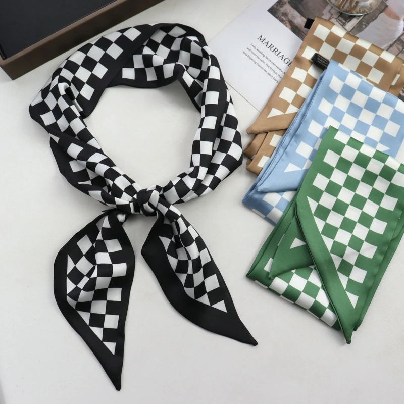 

New Checkerboard Print Women Small Silk Scarf Handle Bag Ribbons Female Head Scarves Sharp Angle For Women 100*9cm