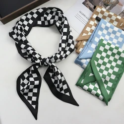 New Checkerboard Print Women Small Silk Scarf Handle Bag Ribbons Female Head Scarves Sharp Angle For Women  100*9cm