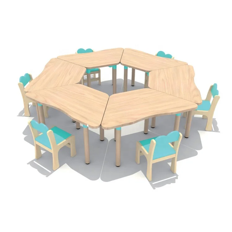 Multifunctional Children wooden tables chairs set kids preschool trapezoid shape furniture made in China