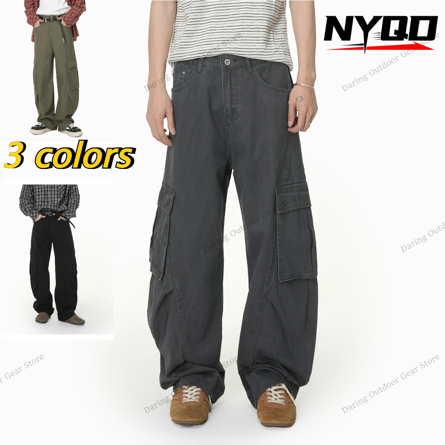 

Men's Wide Leg Cargo Pants American Casual Utility Pocket Vintage Wash High End Cotton Streetwear Daily Trousers남성 한판 하이스트리트