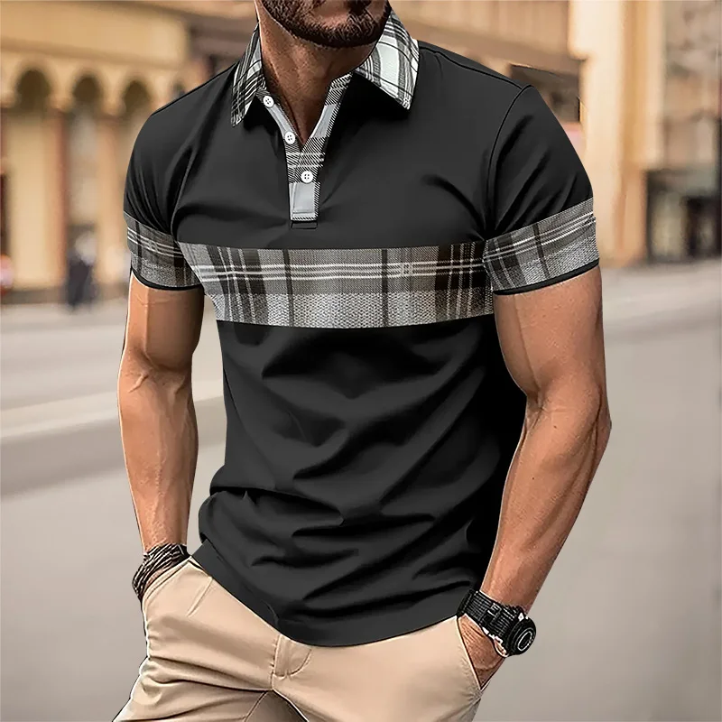 Men\'s POLO Shirt 3D Printed Plaid Pattern Button-down Shirt Summer Male Fashion Casual Business Style Oversized Golf Clothing