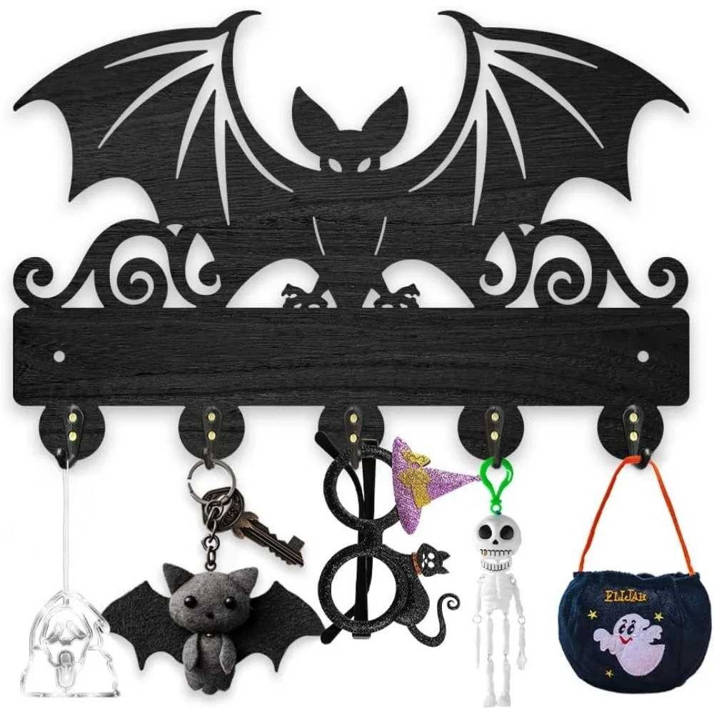 Wood Bat Wall Key Hook Halloween Animal Theme Mounted Key Holder 11.8×7.9inch Art Decor Black Key Rack Organizer