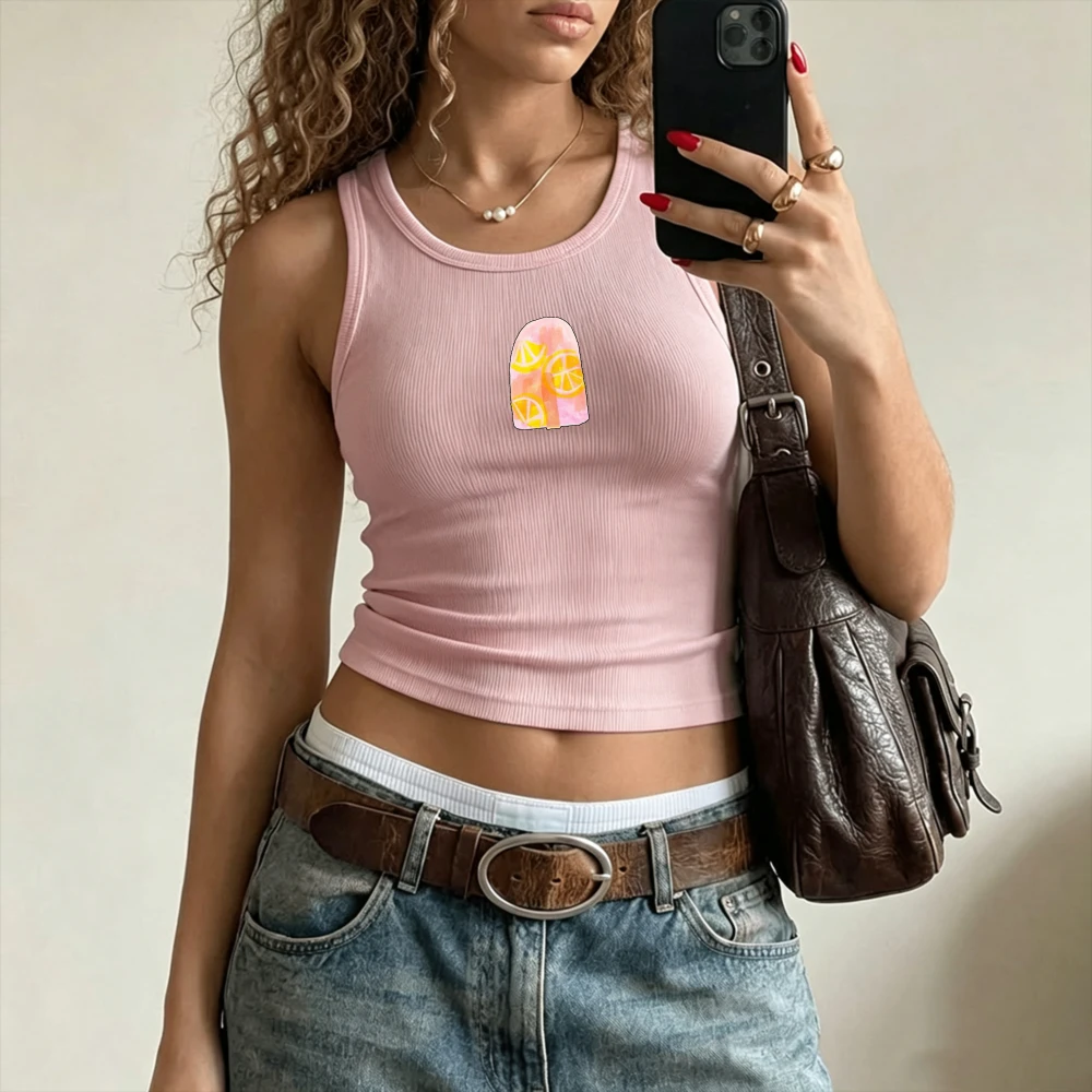 Watercolor Lemon Slices Popsicle Hand Drawn Y2K Camisole Ribbed Tank Tops Slim Fit Crop Top Sleeveless Crew Neck Cropped Cami
