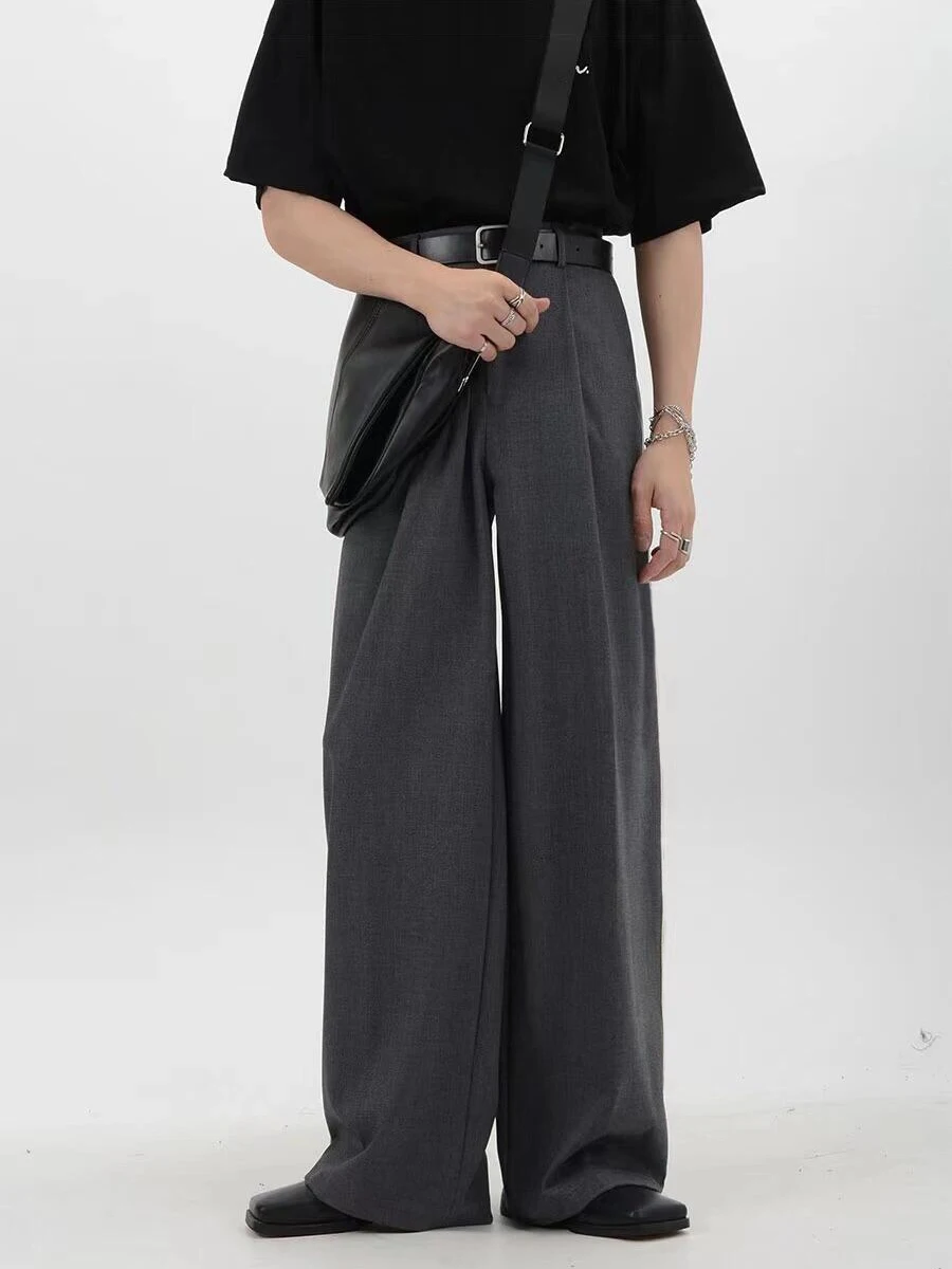 REDDACHiC Business Casual Men Suit Pants Gray Plain Wide Leg Pleated Front High Waist Pockets Draped Dress Pants Male Trousers