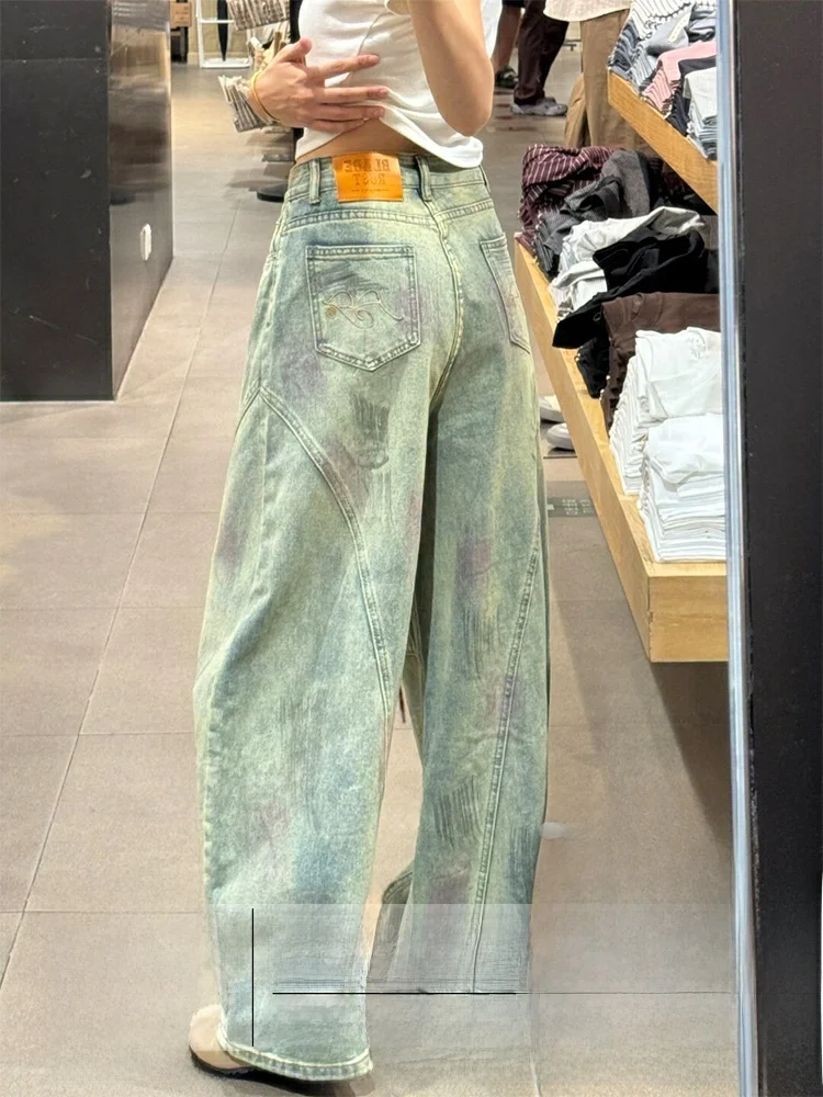 

Джинсы женские летние новые, тонкие, из денима, с высокой талией, в американском стиле, с эффектом тай-дай, прямые широкие штанины, для похудения