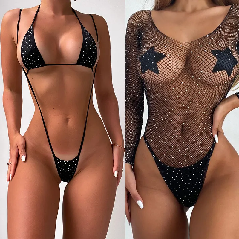 Erotic Bodysuits Nightwear Temptation Rhinestone Bra and Panty Set Beach Bikini Sex Set Sexy Stripper Outfits Lingerie