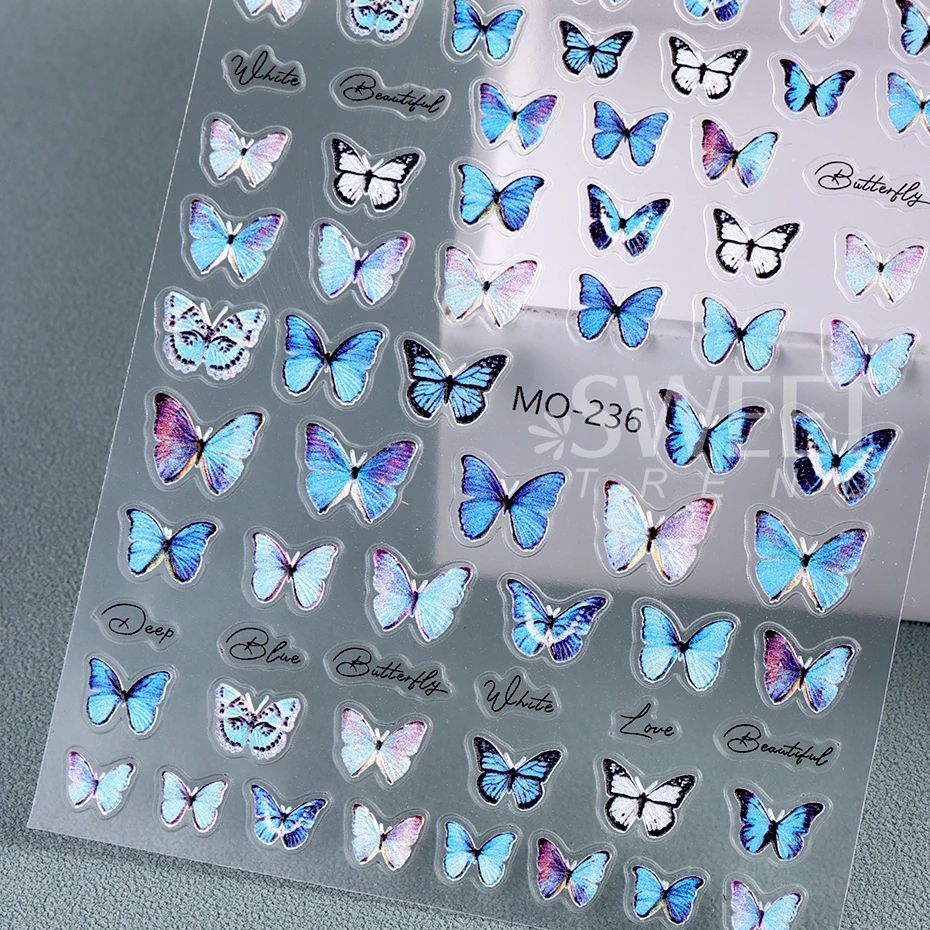 5D Blue Butterfly Nail Sticker Fashion Kawaii Butterfly Self-Adhesive Manicure Decal Slider DIY Nail Supplies Charms Decorations