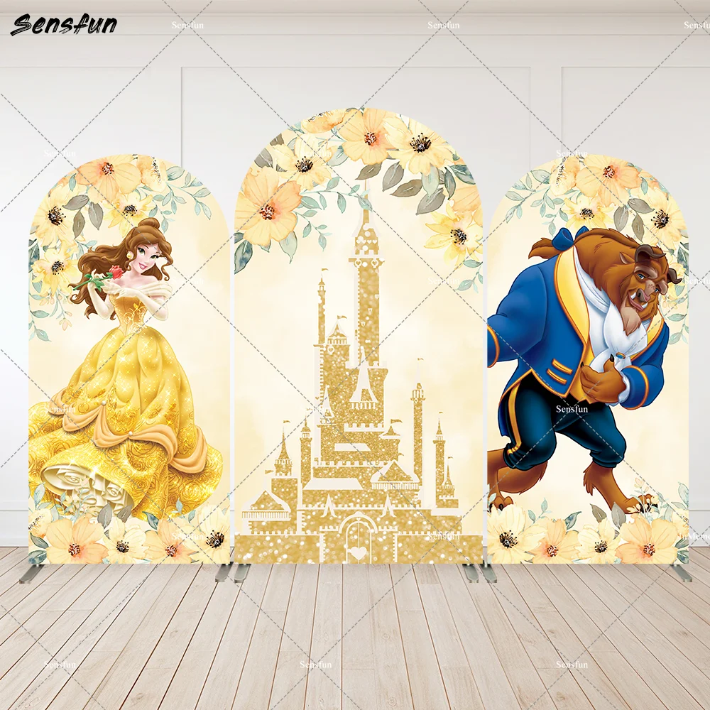 

Princess Belle Girl Birthday Party Decor Supplies Arch Backdrop Cover Flower Castle Beauty and the Beast Background Photography