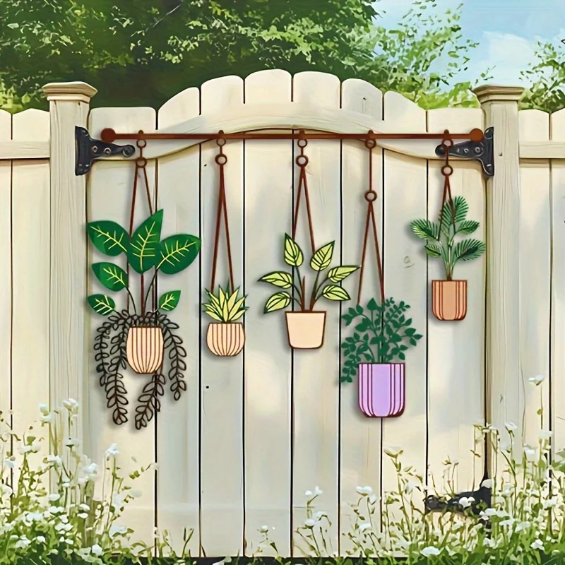 1pc Large Metal Plant Wall Decoration - Brown Hanging Pipes with Green and Purple Flower Pots, Vertical Flower Arrangement