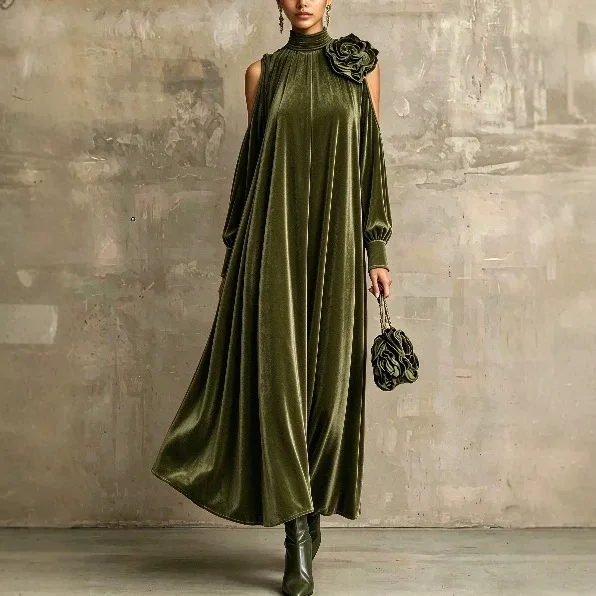Women Solid Velvet Maxi Dress High Neck Cold Shoulder Long Sleeve 3D Flower Decor Loose Flowy Long Gown Evening Prom Party Dress