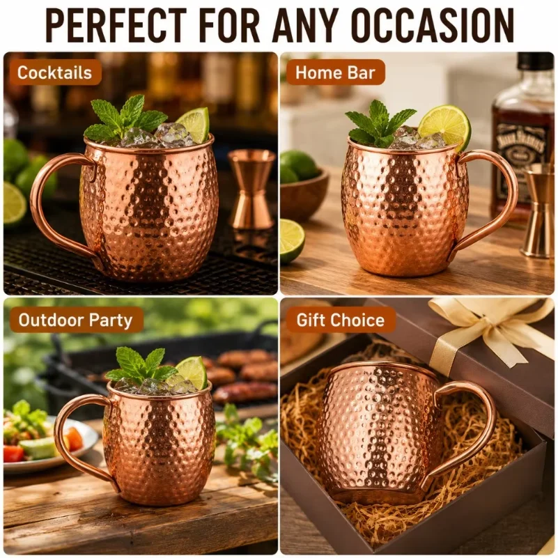 1Pc Pure Copper Mug 500ml Solid Metal Coffee Cup 17oz Cocktail Beer Milk Drinking Mug for Bar Kitchen Party Beverage Use view 2