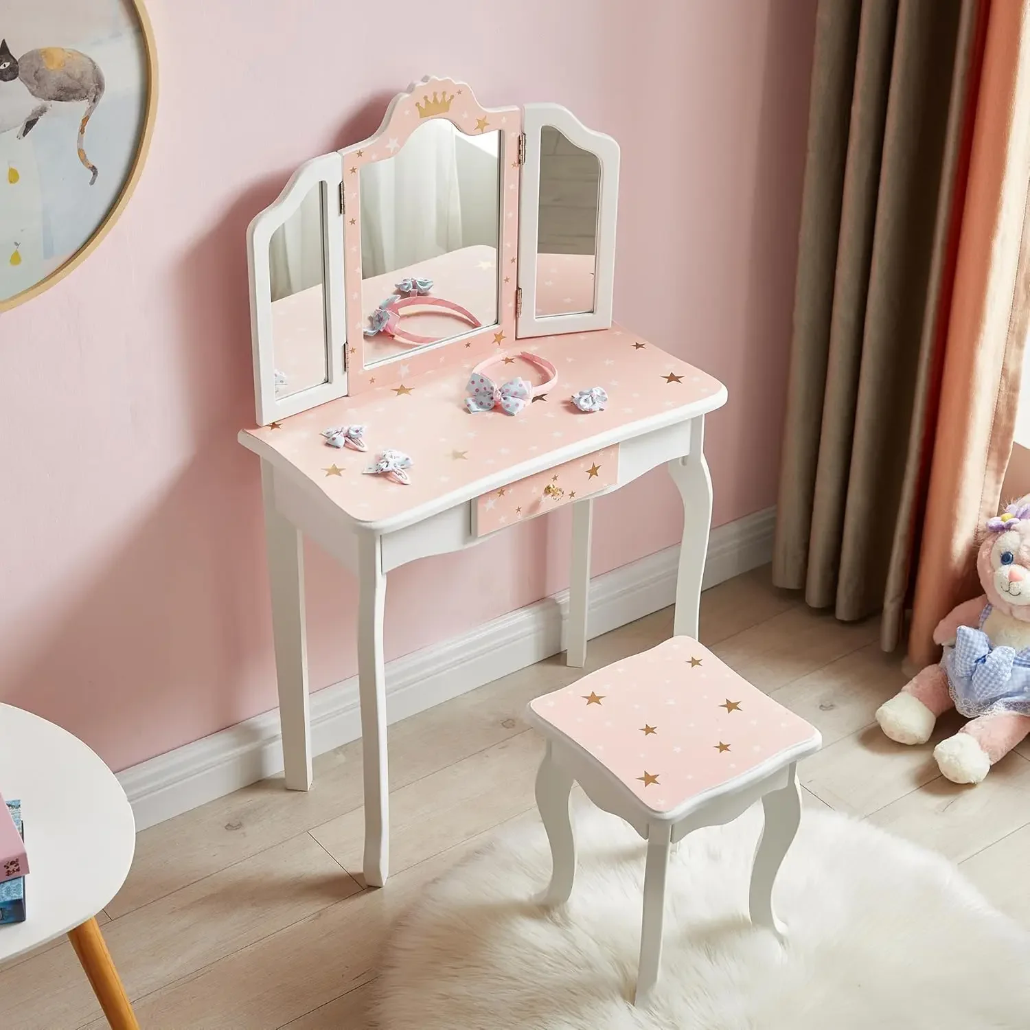 Kids Table and Chair Set, Girls Vanity Set with Stool, Tri-Folding Mirror, Makeup Dressing Princess Table with Drawer for Little