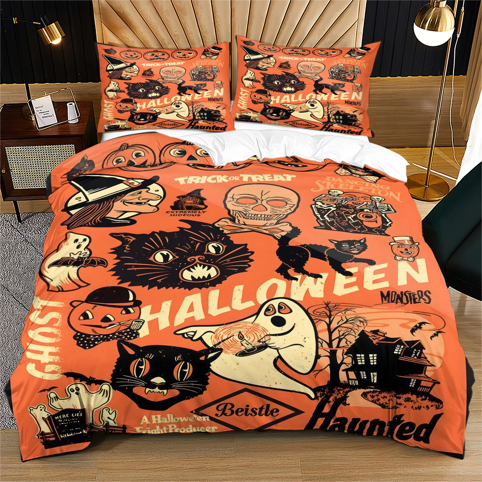 Vintage Halloween Duvet Cover Set Retro Spooky Ghost Black Cat Skull Witch Pumpkin Haunted House Quilt Cover with Pillow Shams