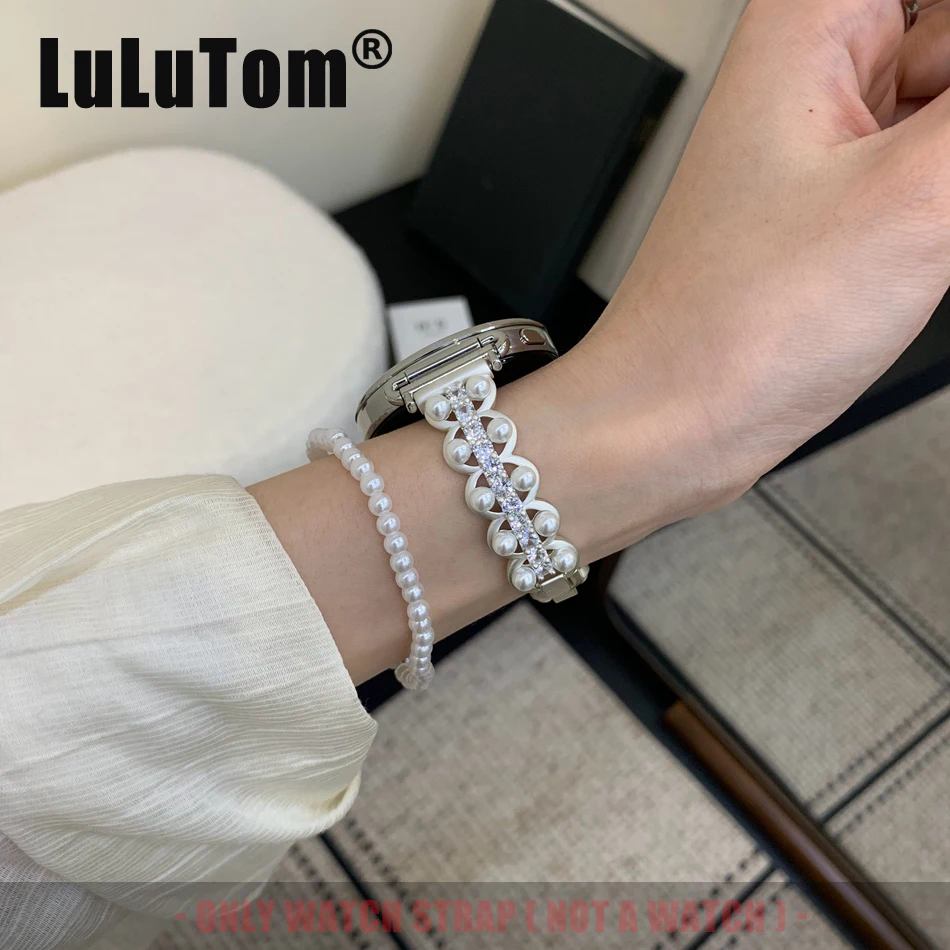 

Элегантный ремешок для часов в французском стиле с жемчугом и бриллиантами для Samsung Galaxy Watch 8 Ultra 2 7 6 5 4 Classic, Huawei GT 5 4 3 Pro, женский ремешок