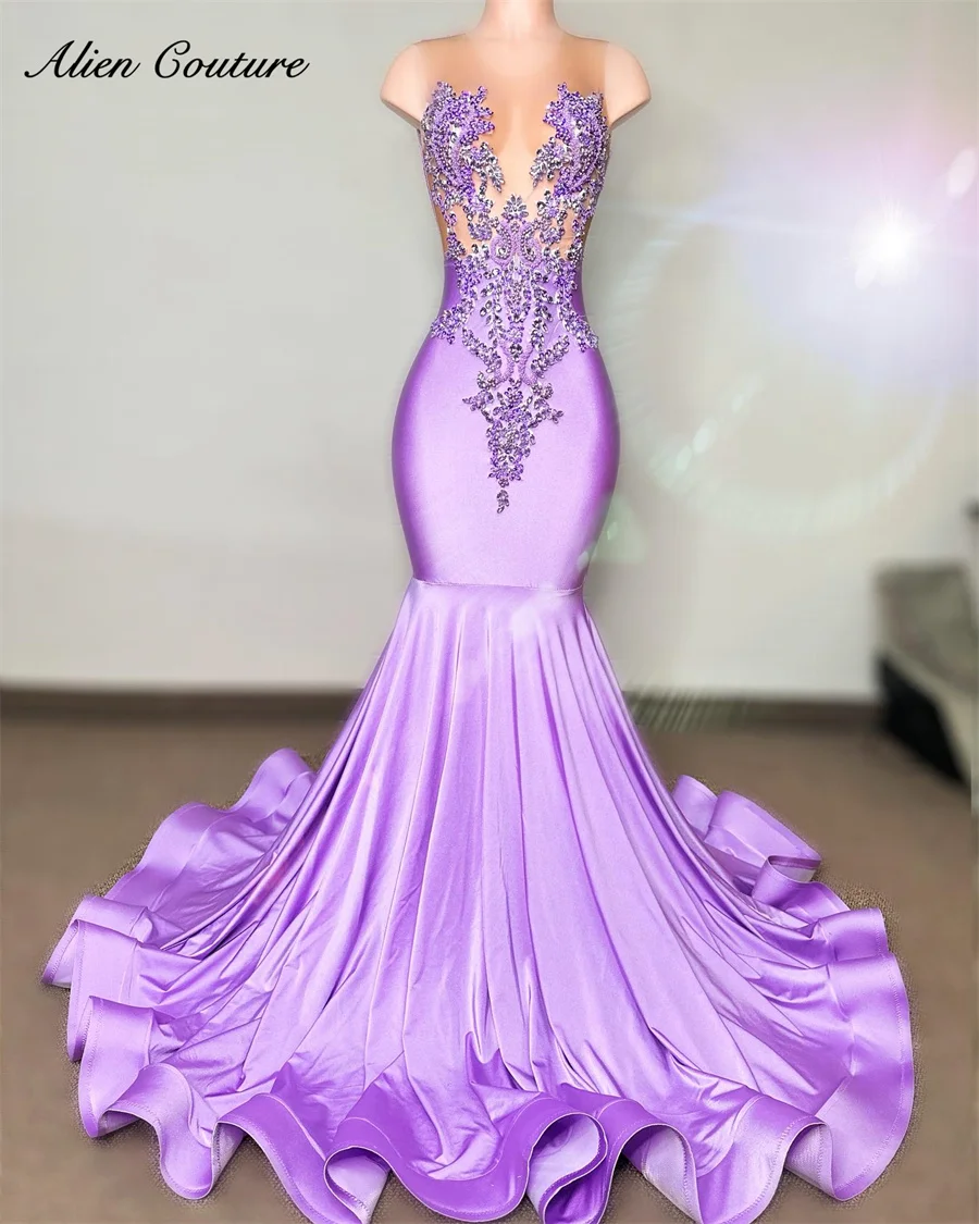 

Elegant Lavender Purple Long Prom Sheer Neck Robe Bead Rhinestones Diamonds Evening Dress Birthday Party Gown Customized