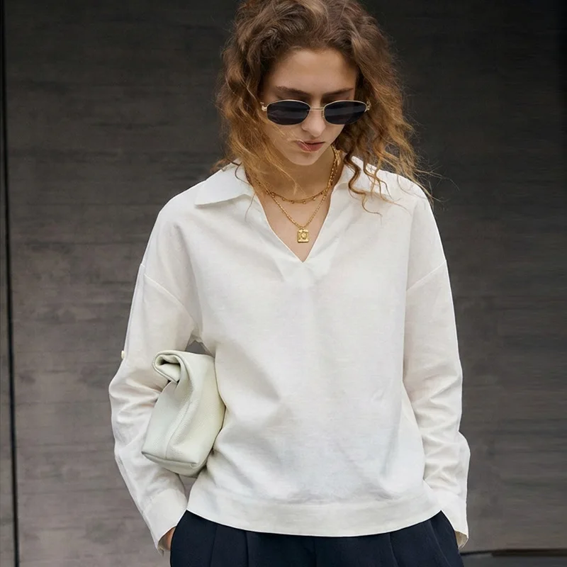 

Vintage White Color Cotton Linen Shirts Women Long Sleeve V-neck Casual Loose Fashion Retro Chic High Street Office Lady Tops