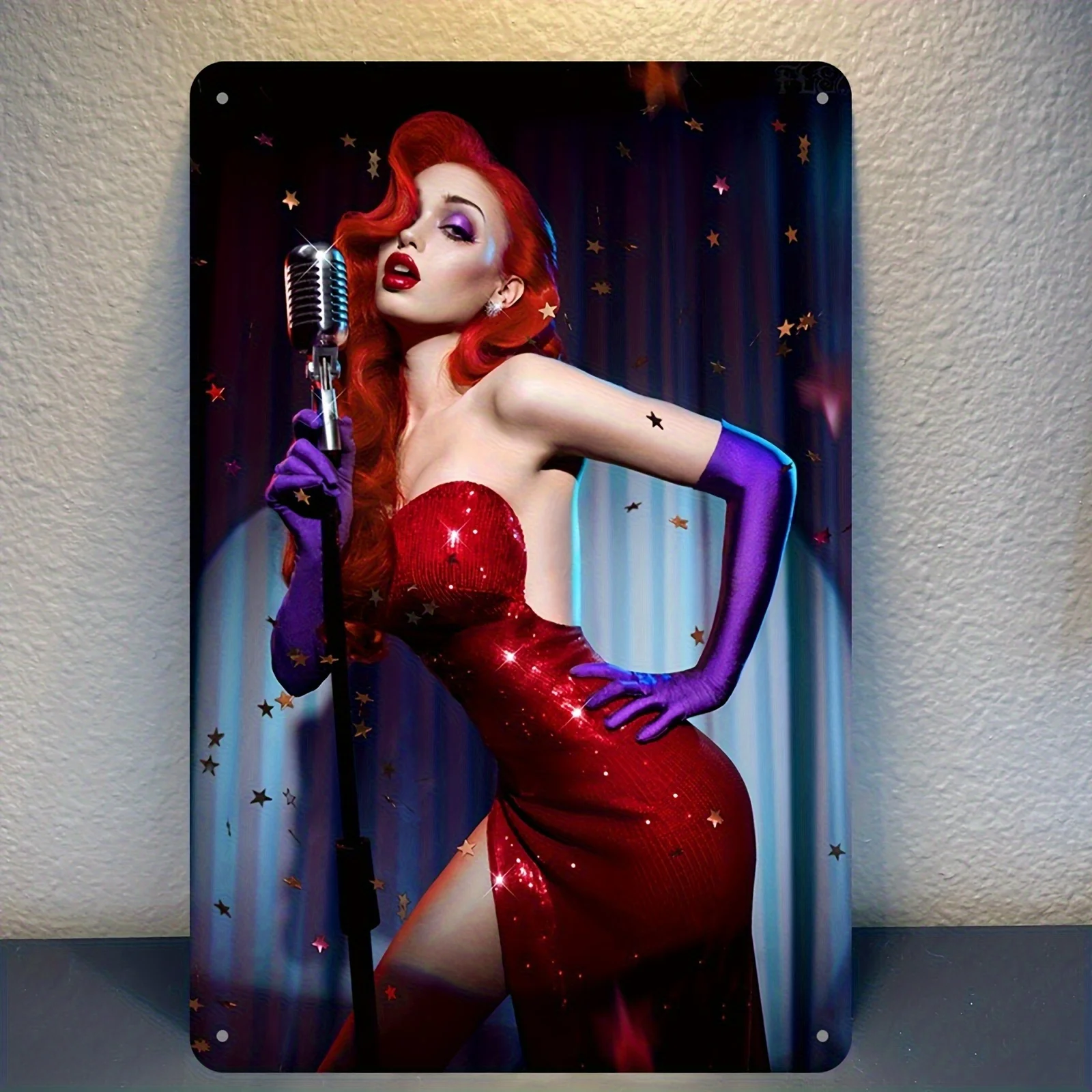 Vintage Tin Sign Retro Art Deco Metal Wall Decor with Sparkling Red Dress Lady Microphone Design, Durable Iron Tinplate for Out