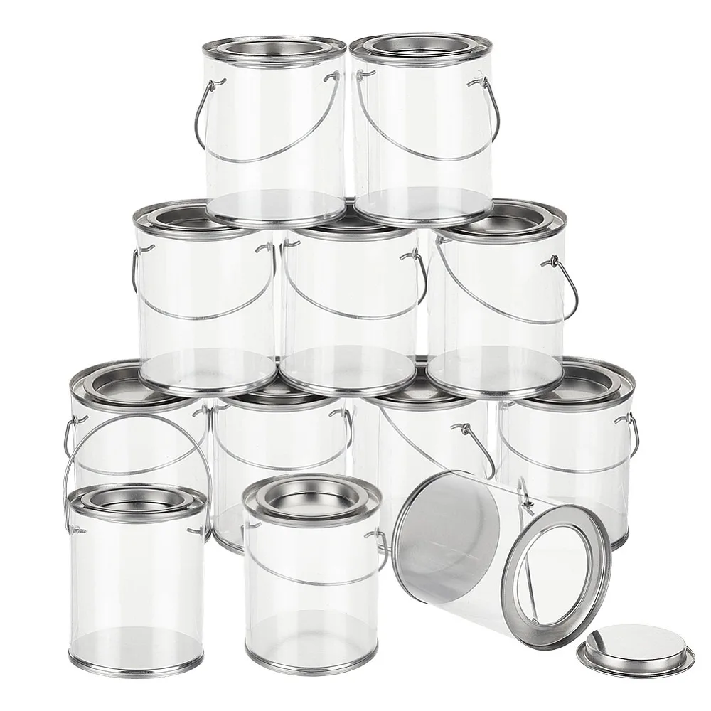 

Clear Plastic Party Favor Cans Paint Cans Food Storage Container with Iron Lid and Handle Column Platinum 7.8x9.2cm
