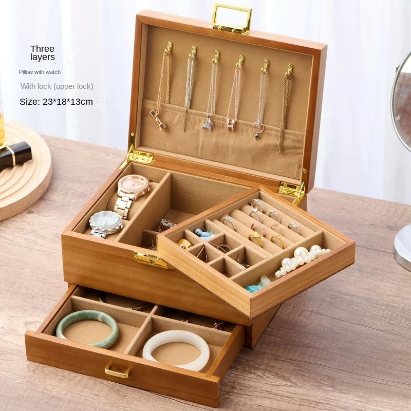 Jewelry Storage Box High-End Exquisite Solid Wood Vintage Gold Necklace Ear Stud Ring with Lock Jewelry Box Jewelry Box