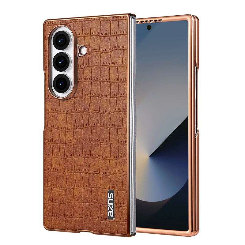 Luxury Skin Feel Crocodile Pattern Electroplated Frame Phone Case for Samsung Galaxy Z Fold 7 6 5 4 3 Shockproof Slim Fit Cover