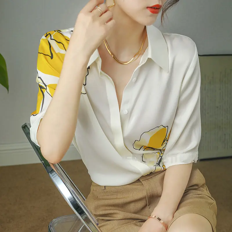 Fashion New Summer Floral Print Women Shirt Turn-down Collar Office Lady Half Sleeve Loose Chiffon Generous Shirt Femme 2022