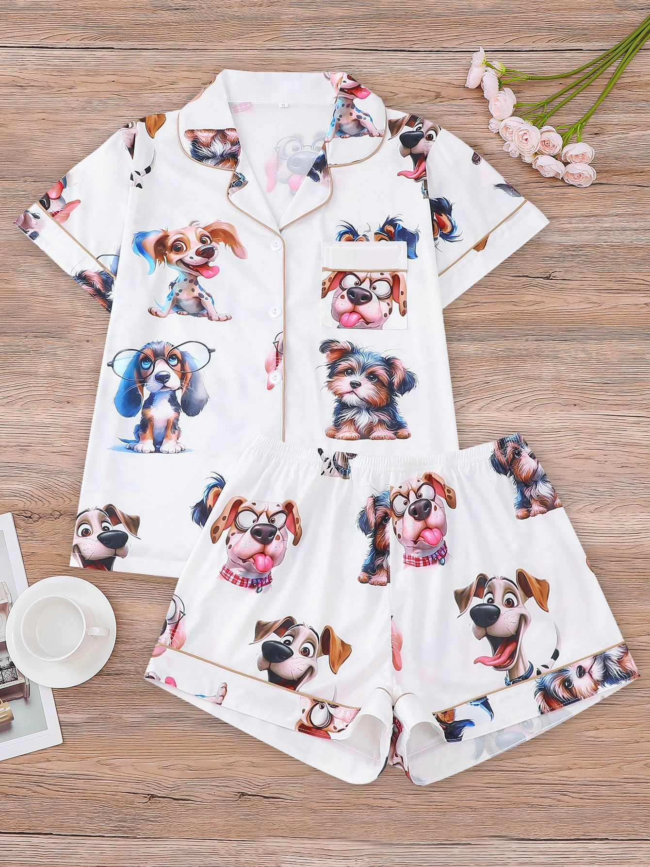 

Комплект из 2 предметов с принтом маленькой собаки, мягким топом на пуговицах с короткими рукавами и свободными эластичными шортами, удобным женским вырезом.