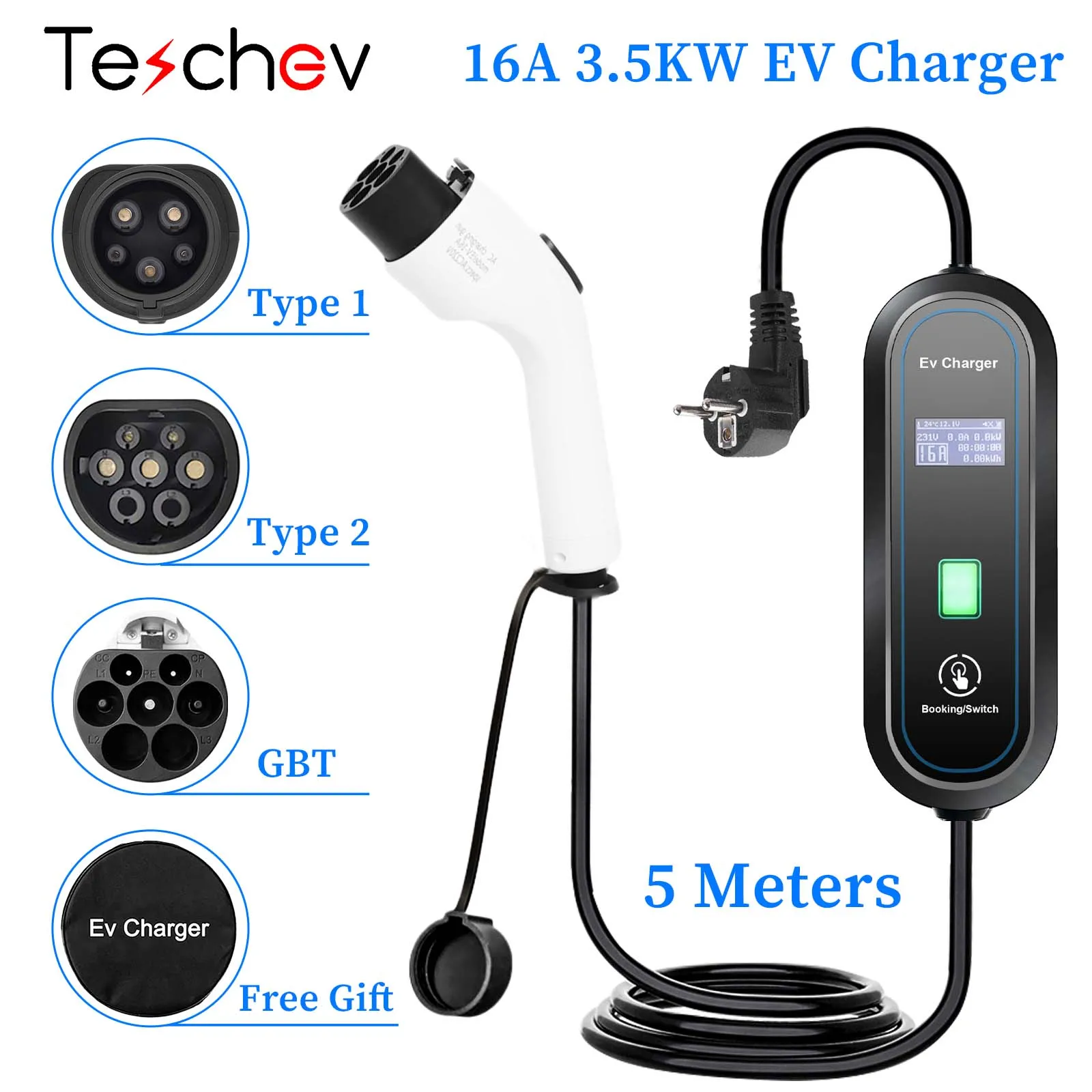 전기 자동차용 휴대용 EV 충전기, 220V, 230V, 레벨 2 GBT, 16A, 3.5KW, 타입 1, 자동차 액세서리