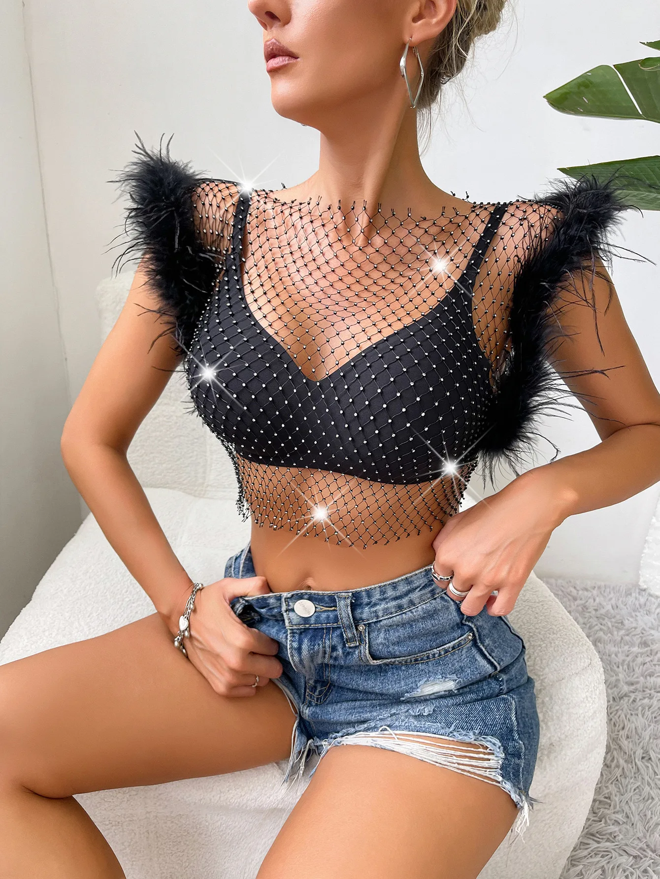 Feather Rhinestone Fishing Net Top 2024 Summer Mesh Rhinestone Glitter Women's Short Sleeve Tank Top