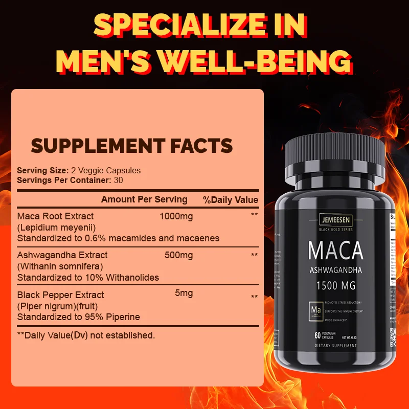 JEMEESEN - Ashwagandha Maca Root Extract Capsules - 500 mg Ashwagandha 1000 mg Maca Root - Men & Women Supplement Stress Relief