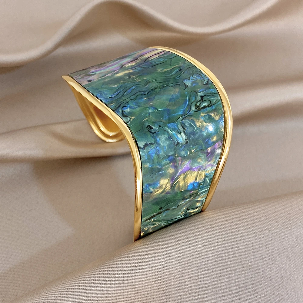 Fashion Gold Plated Stainless Steel Abalone Shell Wide Cuff Bangle For Women Irregular Open Bracelet Statement Jewelry Gift