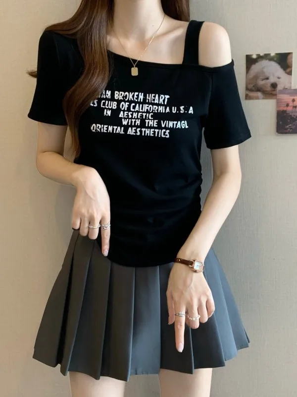 

plus Size T-Shirt Women's Summer Slim Fit Short Sleeve Printed Design Shoulder Baring Folded Hem Conceal Meat Slimming Top