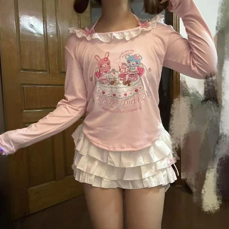 الصيف اليابانية الحلو Y2k Harajuku تي شيرت المرأة لطيف وهمية اثنين طويلة الأكمام تيز موضة أنيمي طباعة المحاصيل القمم تونك القمم جديد #3