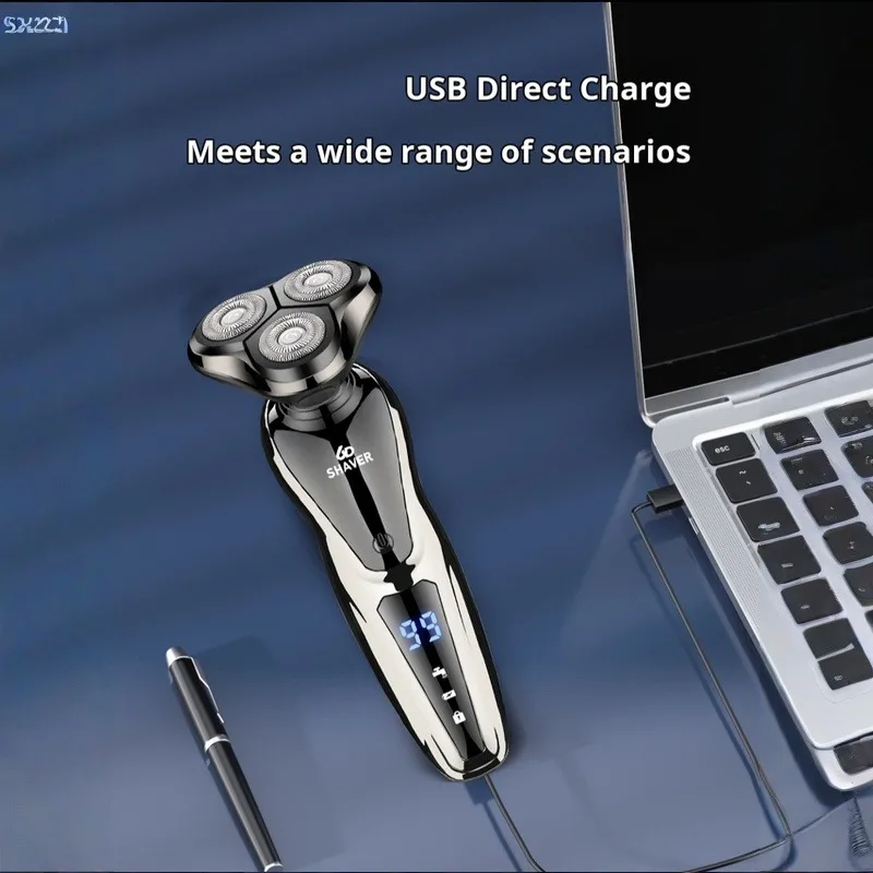 Мужская интеллектуальная цифровая многофункциональная электробритва 3-в-1, зарядка через USB, водонепроницаемое плавающее лезвие двойного назначения для влажной и сухой уборки