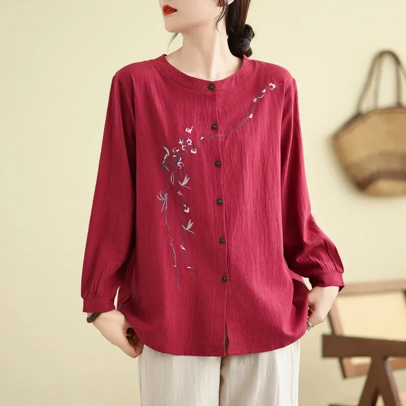 

Женская блузка с вышивкой, пальто, весна-осень, женский кардиган с длинными рукавами, футболка, топы, корейская женская льняная хлопковая рубашка с круглым вырезом