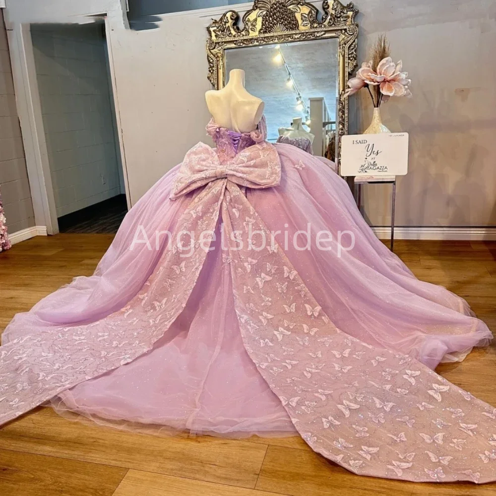 Angelsbride Off The Shoulder Ball Gown Quinceanera Dresses With Beading Pink Bow Vestidos De 15 Años Quinceañeras