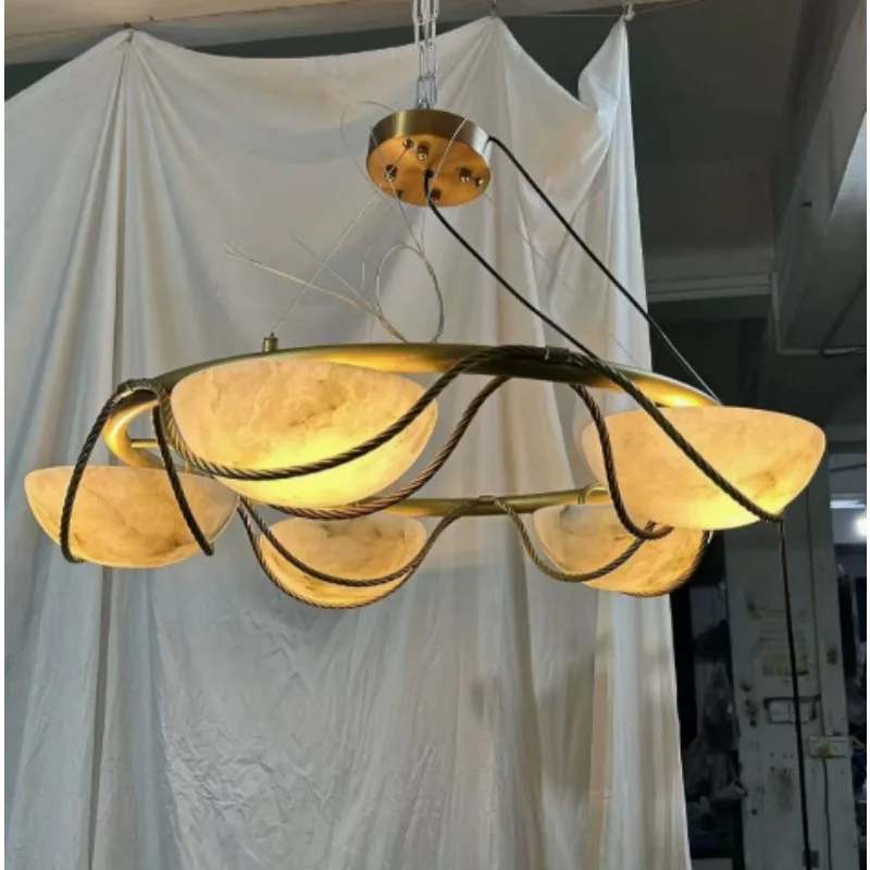 Postmodern light luxury natural marble villa hotel design sense large chandelier customization