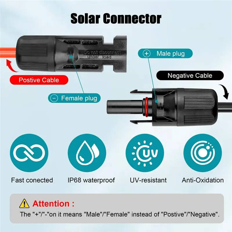 A68P-1 Pair Red Black Double Ends Solar Extension Cable With Connector 6Mm² Connector Solar Panel Cable Photovoltaic Wire