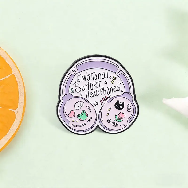 Emotional Support Headphones Enamel Pins Cute Healing Frog Cat Tulips Headphone Brooch Fashion Lapel Badge Backpack Jewelry Gift