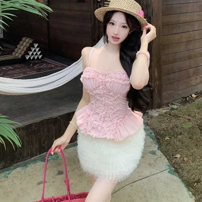 

Pure Desire Style Sexy Pink Strap Vest Women's Slim Fit Short Top Summer 2026 New Arrival Fashionable Bandage Halter Crop Top