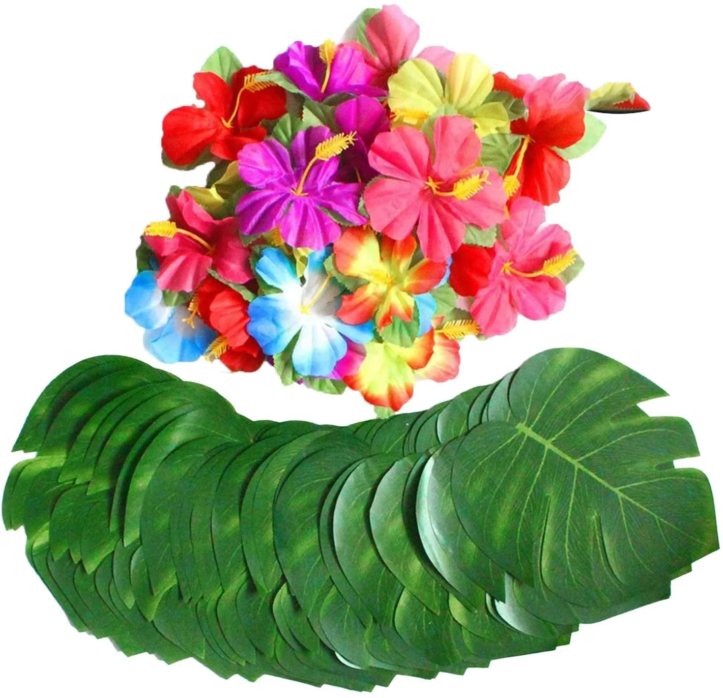 Set de 54 Flores Artificiales de Hibisco y Hojas de Plantas Tropicales para Fiestas Hawaianas, Barbacoas, Decoración de Mesa con Temática de Jungla y Playa