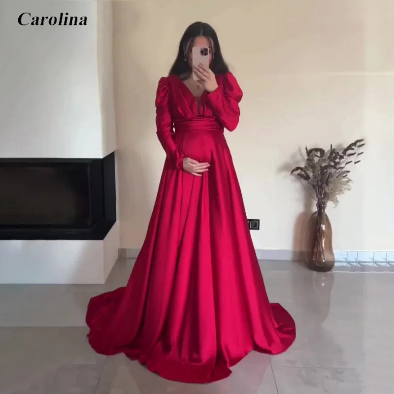 A-Line Sexy V-Neck Prom Gowns Satin Occasion Dress Long Sleeves Robe De Soirée Women Elegant Pregnant Evening Party Dress