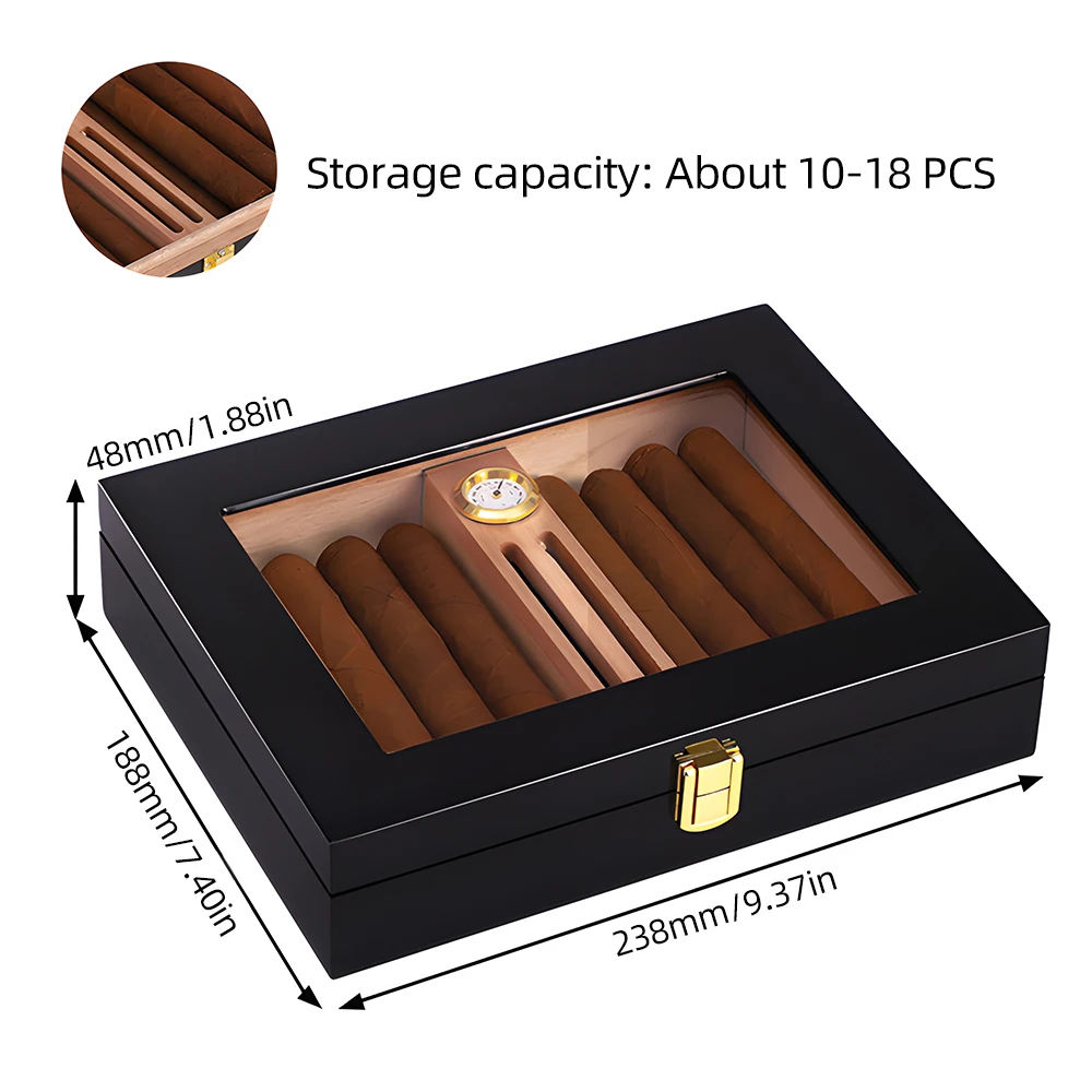 Cigar Humidor Storage 10-18 Cigars Box Cedar Glass Top Desktop Cigar Humidors Storage Case with Humidifier  Accessories for Men