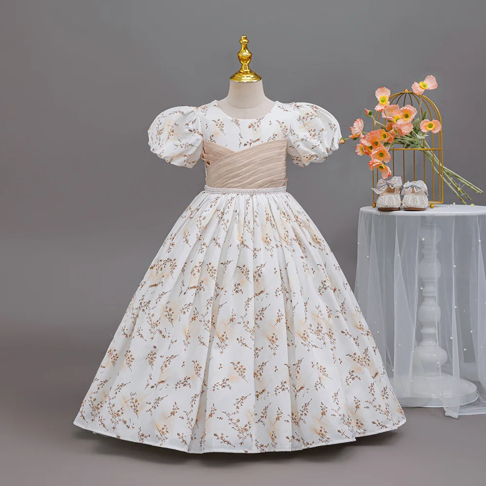 High-end printed children's dress birthday chiffon banquet dress puff sleeves girl's long dress suitable for girls aged 4-12 yea