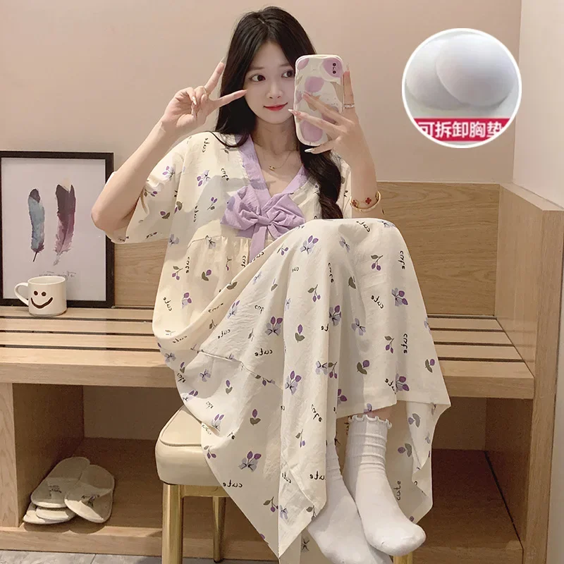 

Plus Size Japanese Bow Sweet Pajamas Women's Summer Nightgown with Chest Pads Short-sleeved Loose Home Dress Can Be Worn Outside