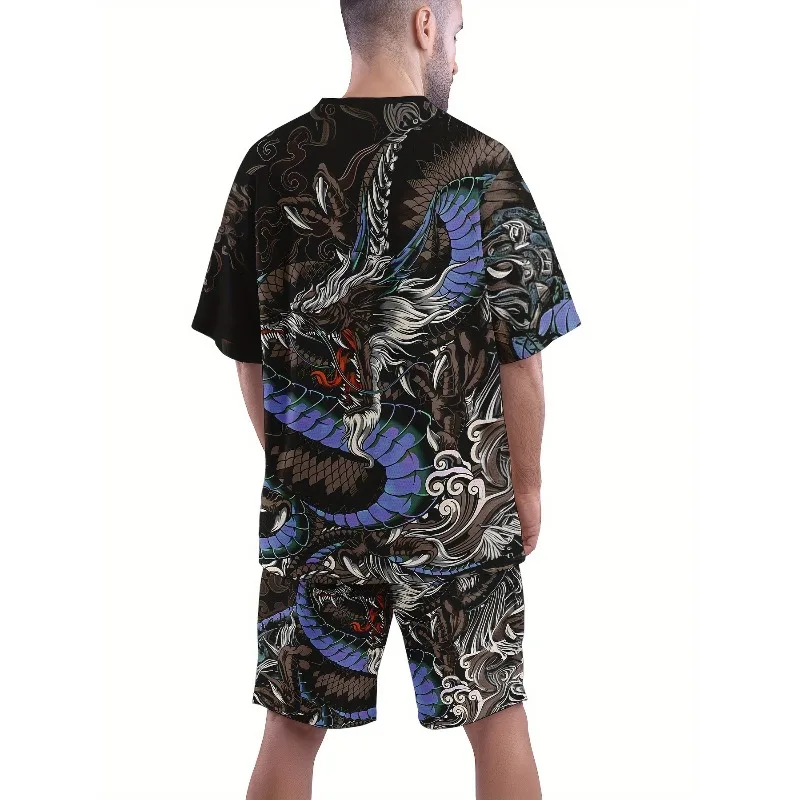 2025 Summer New Trend Retro Men's Fashion T-shirt 3D Digital Printing Creative Casual Round Neck Short Sleeved Shorts Set