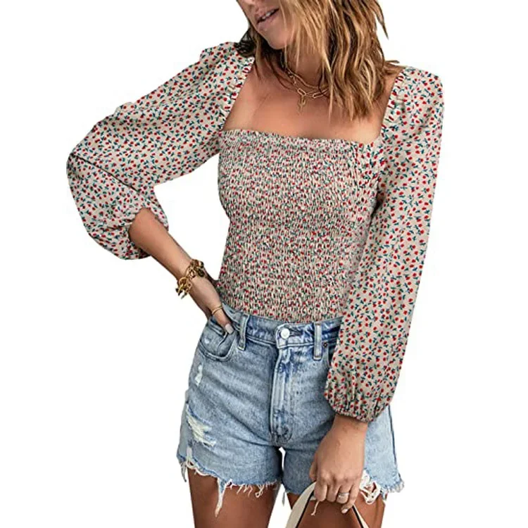 

2025 Women's Spring Autumn Tops Long Sleeve T-shirts For Women Printed Square Neck Elastic Slim Fit Top Women's Top With Sleeves