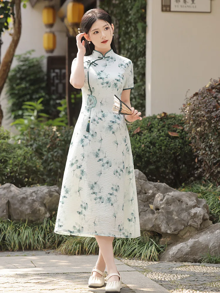 

Short Sleeve Aodai Cheongsam Evening Dress Chinese Style Party Qipao Oriental Womens Elegant Gowns Vestido