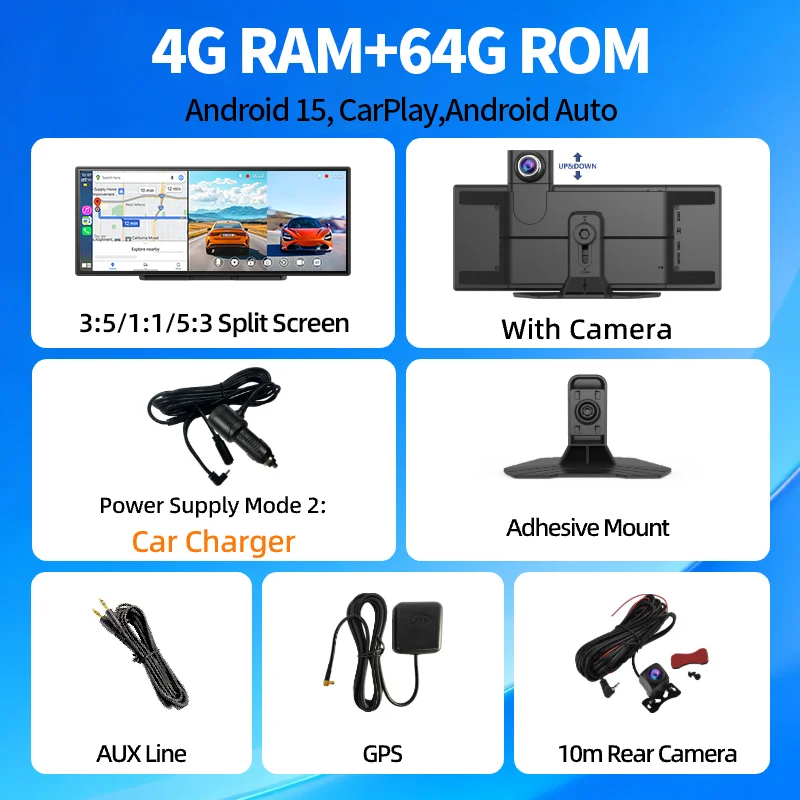Imagebon Android 15 11.4" P70 Plus Gemini AI Videorecorder Draadloze Carplay Android Auto GPS Nachtzicht 24H Parkeermonitor