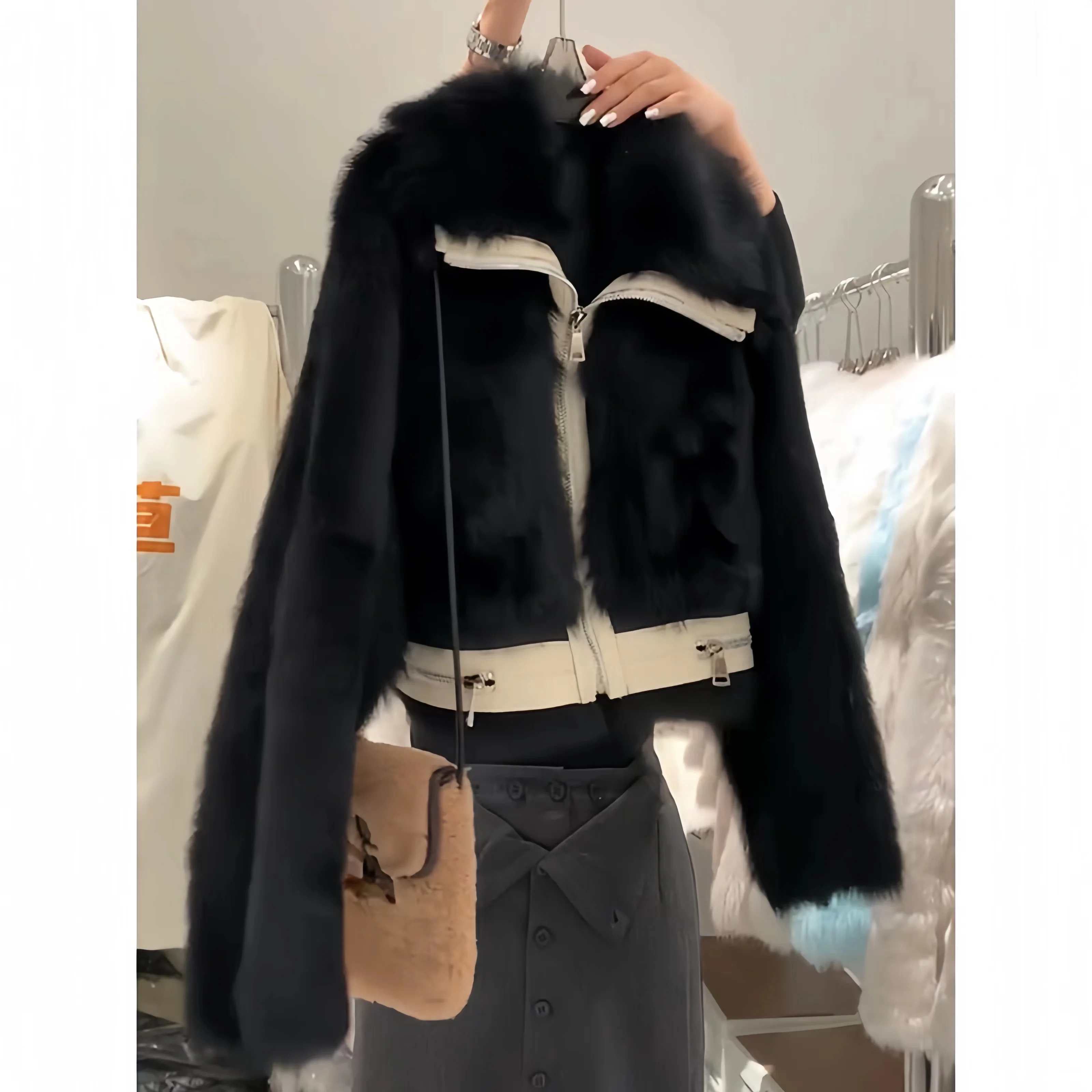 Faux Fox Fur Coat for Women,Korean Jacket,Sailor Collar, Thick Warm Clothes,High Quality,Spliced, Autumn and Winter，2024