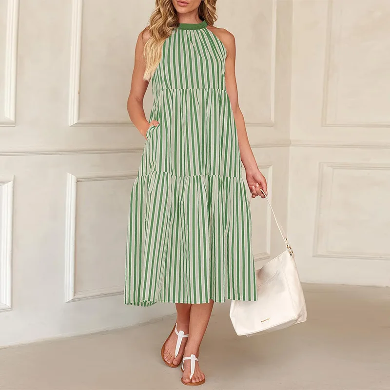 Hot Selling Dress Casual Round Neck Striped Patchwork SleeveleSS Large Swing Skirt